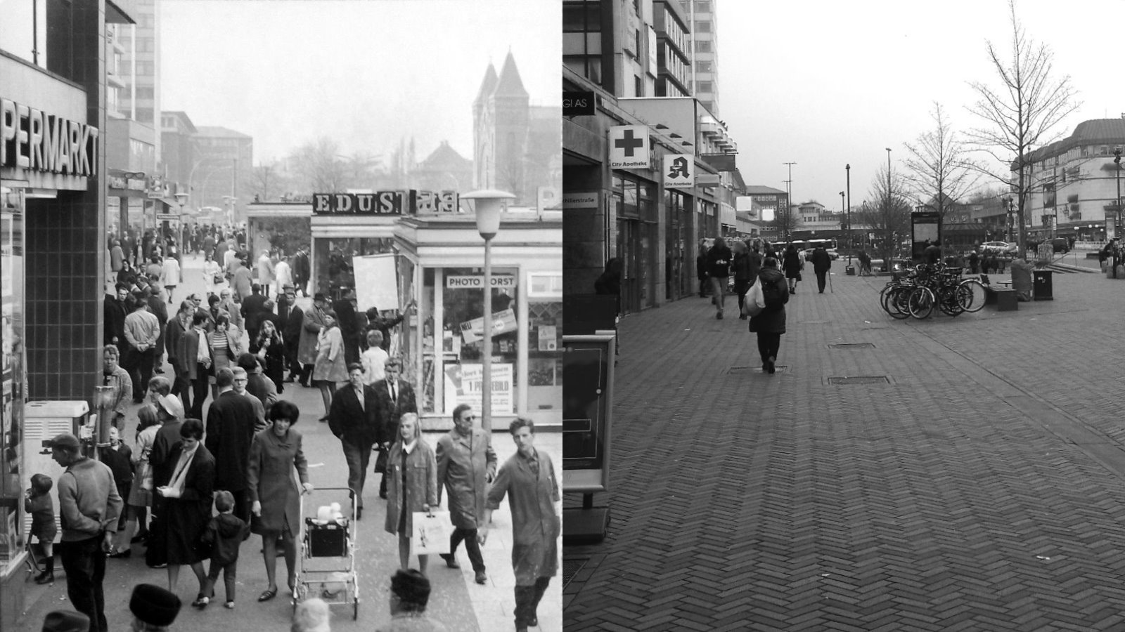 Hamburg-Altona, Große Bergstraße. Vergleich 1968/2023 Hamburg-Altona, Große Bergstraße. Vergleich 1968/2023