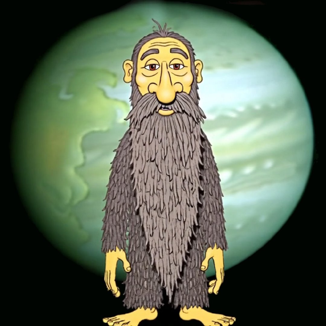 Bildbeschreibung: Ein cartoonartiger, gelbhutiger Mann mit langem, buschigem Bart und Krperbehaarung steht vor einem groen, grn-blauen Planeten, hnlich Uranus. Er hat eine groe Nase, halb geschlossene Augen und wirkt mde oder gelangweilt.