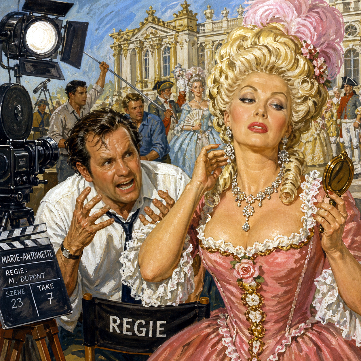 Turbulentes Filmset vor einem pr�chtigen Schloss