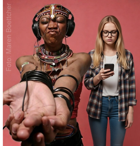 Symbolbild: Eine Frau in traditioneller, farbenfroher afrikanischer Kleidung und Schmuck mit geschlossenen Augen und Kopfhörern streckt die Arme mit Kabeln nach vorne, daneben eine junge blonde Frau in Hipster-Kleidung (Brille, kariertes Hemd, Jeans), die ausdruckslos auf ihr Smartphone blickt – Kontrast zwischen konzentriertem Hörspiel-Hören und abgelenktem Social-Media-Konsum.
